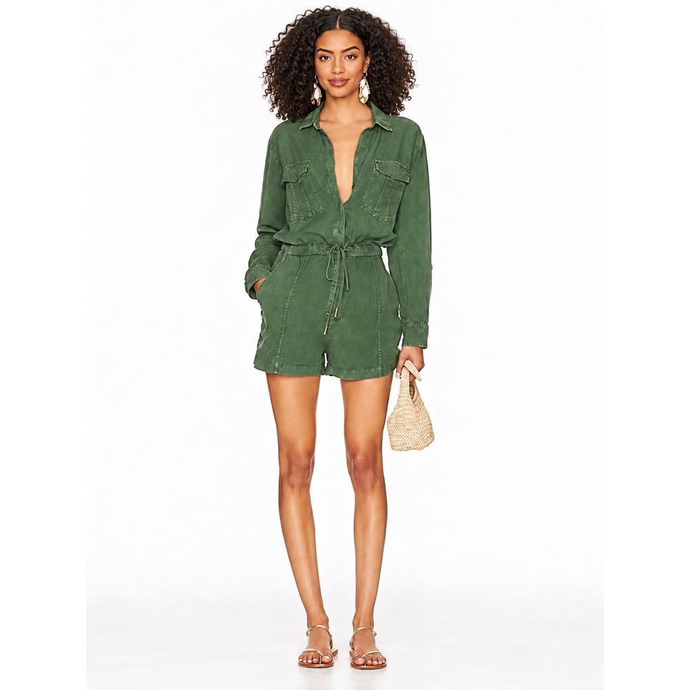 Young Fabulous&Broke Womens Linen Blend Romper M Green Utility Playsuit Granola